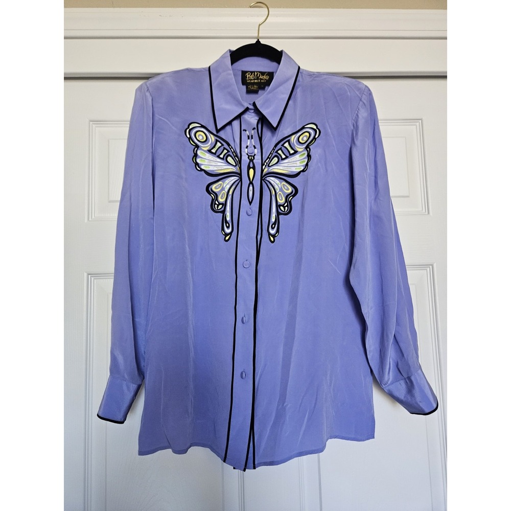 Vtg Bob Mackie Wearable Art Lavender Embroidered Butterfly ButtonUp Silk Blouse - Picture 2 of 16